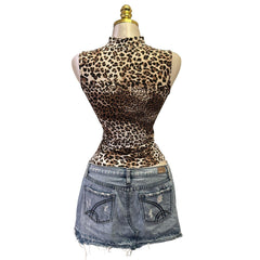 Y2K Vintage Brown Leopard Turtleneck Tank Top [S]