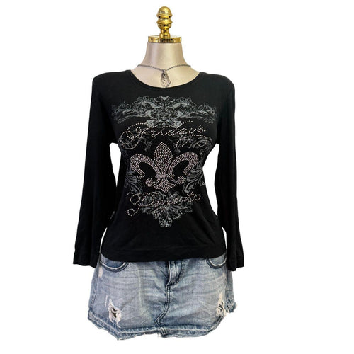 Y2K Vintage Black Gray Fridays Project Rhinestone Top  [M]