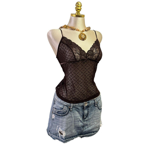 Y2K Vintage Brown Lace Sheer Tank Top [M]