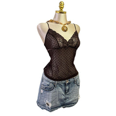 Y2K Vintage Brown Lace Sheer Tank Top [M]