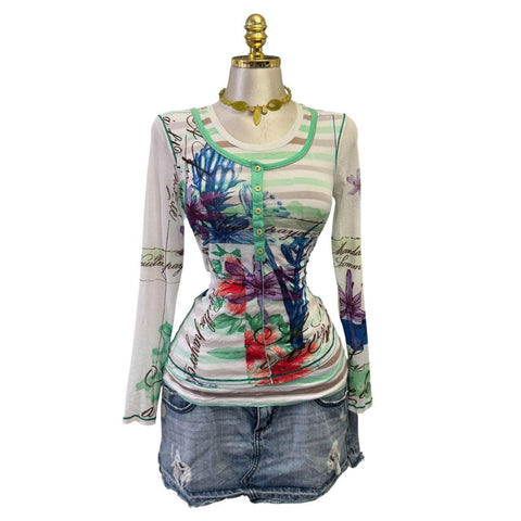 Y2K Vintage Green Blue Psychedelic Face Top [M]