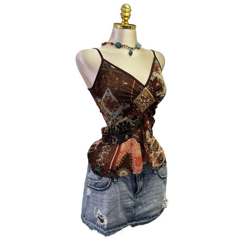 90s Vintage Brown Orange Pattern Beads Top  [S]