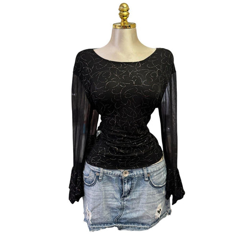 90s Vintage Black Multi-color Glitter Artsy Mesh Long Sleeve Top [XL]