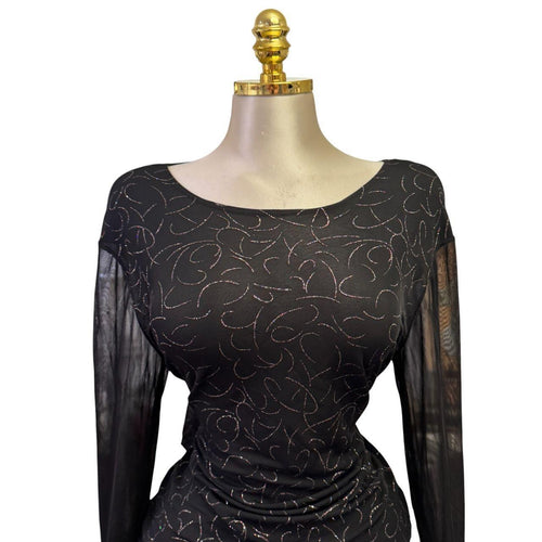 90s Vintage Black Multi-color Glitter Artsy Mesh Long Sleeve Top [XL]