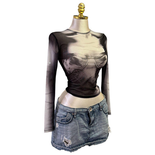 90s Vintage Bershka Black White Corset Print Mesh Top  [XS]