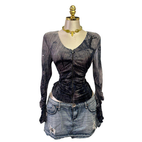 90s Vintage Blue Gray Artsy Zipper Front Ruched Sleeve Top [L]