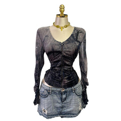 90s Vintage Blue Gray Artsy Zipper Front Ruched Sleeve Top [L]