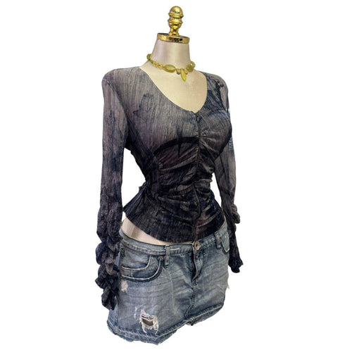 90s Vintage Blue Gray Artsy Zipper Front Ruched Sleeve Top [L]