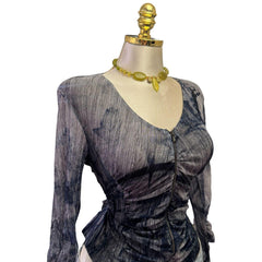 90s Vintage Blue Gray Artsy Zipper Front Ruched Sleeve Top [L]