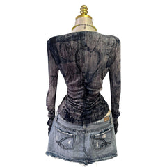 90s Vintage Blue Gray Artsy Zipper Front Ruched Sleeve Top [L]