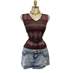 90s Vintage Maroon Black Gold Artsy Top [XL]