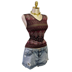 90s Vintage Maroon Black Gold Artsy Top [XL]