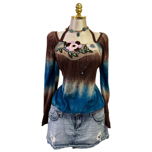 90s Vintage Brown Blue Tie Dye Floral Sequin Beads Top