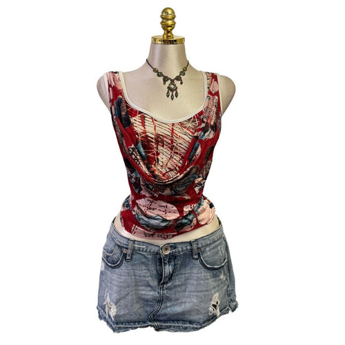 90s Vintage Red Blue Cowl Neck Artsy Top [M]