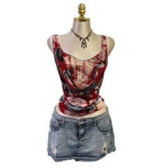 90s Vintage Red Blue Cowl Neck Artsy Top [M]