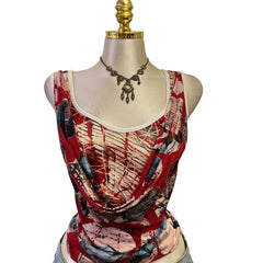 90s Vintage Red Blue Cowl Neck Artsy Top [M]