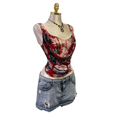 90s Vintage Red Blue Cowl Neck Artsy Top [M]