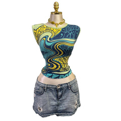 Y2K Vintage Green Blue Psychedelic Face Top [M]