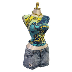 Y2K Vintage Green Blue Psychedelic Face Top [M]