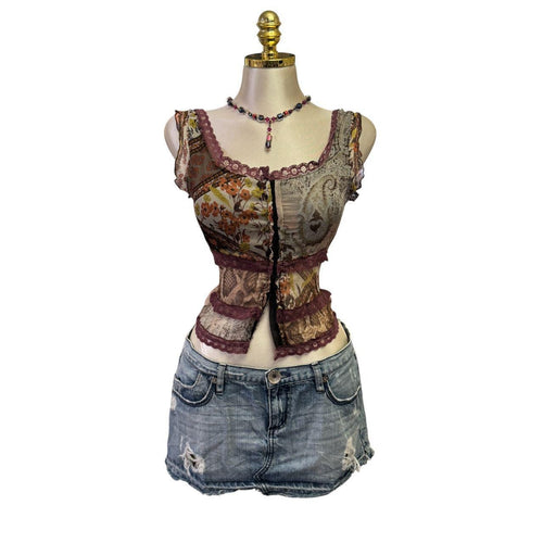 Y2K Vintage Purple Silk Multi Print Floral Top [S]