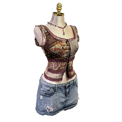 Y2K Vintage Purple Silk Multi Print Floral Top [S]