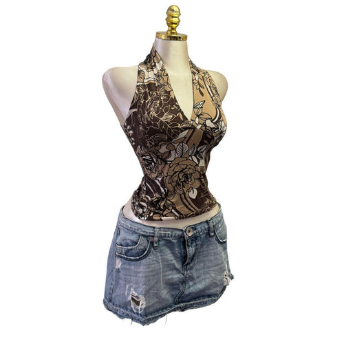90s Vintage Brown Floral V Neck Glitter Top  [XS]