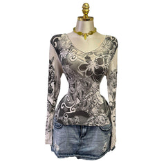 90s Vintage Gray White Hawaiian Hibiscus Flower Top [L]