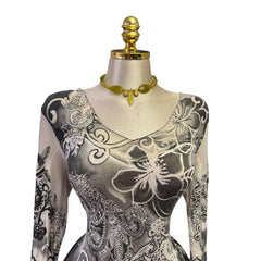 90s Vintage Gray White Hawaiian Hibiscus Flower Top [L]