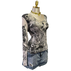 90s Vintage Gray White Hawaiian Hibiscus Flower Top [L]