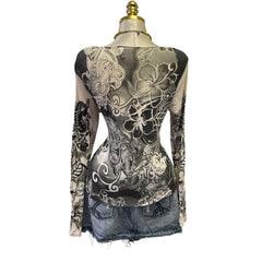 90s Vintage Gray White Hawaiian Hibiscus Flower Top [L]