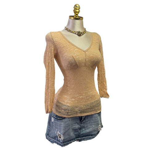 90s Vintage Tan Lace Mesh Top  [XS]