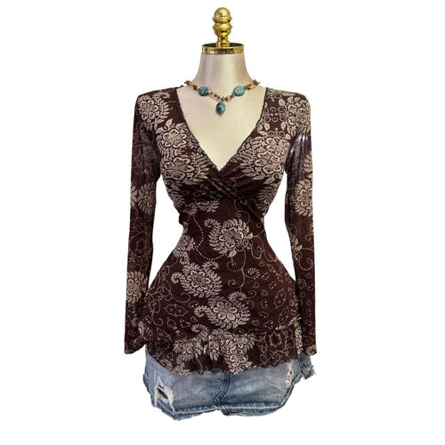 Y2K Vintage Brown Ivory Floral Print Top / Dress Top [M]