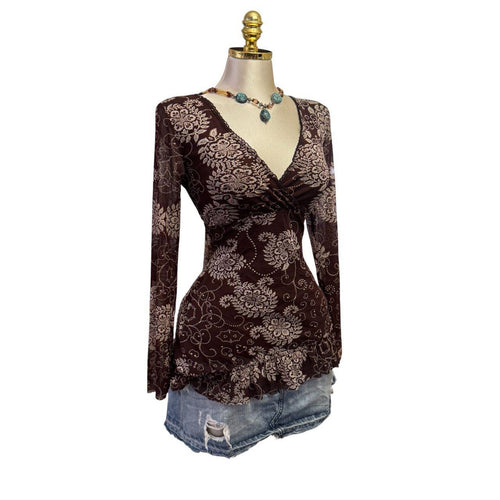 Y2K Vintage Brown Ivory Floral Print Top / Dress Top [M]