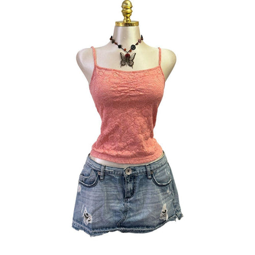 Y2K Vintage Peach Lace Floral Tank Top [S]
