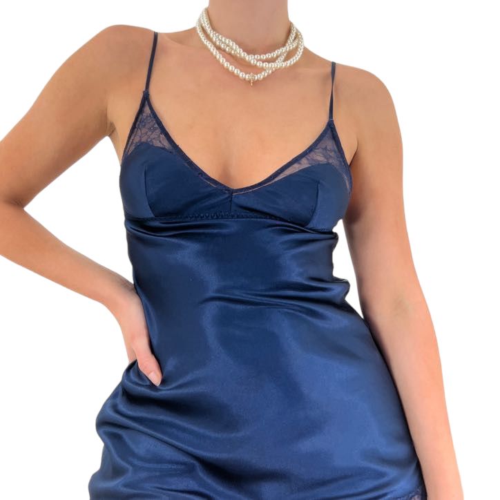 Y2k Vintage Victoria's Secret Navy Blue Satin Slip Dress [XS, S]