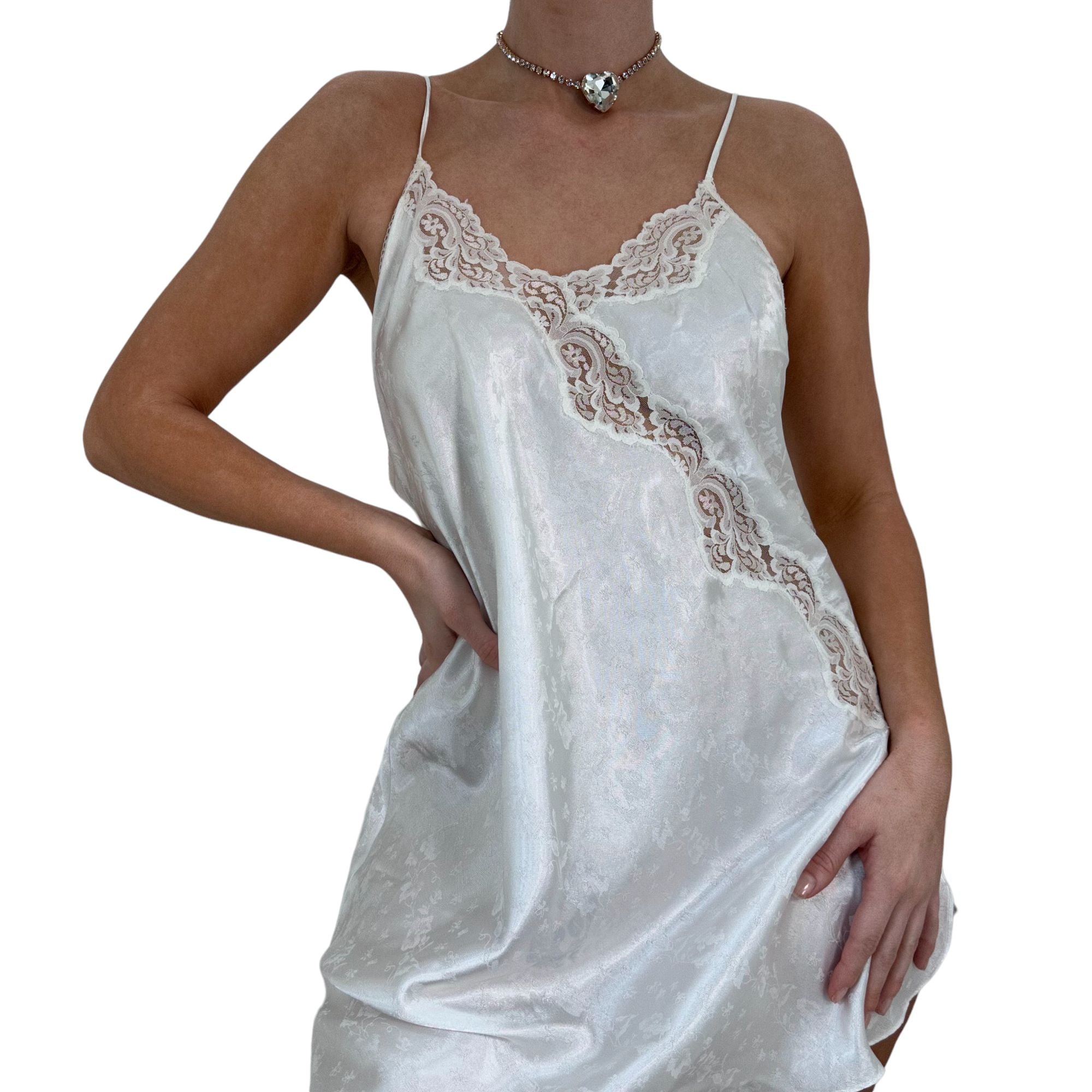 90s Vintage White Satin Floral Slip Dress [L]