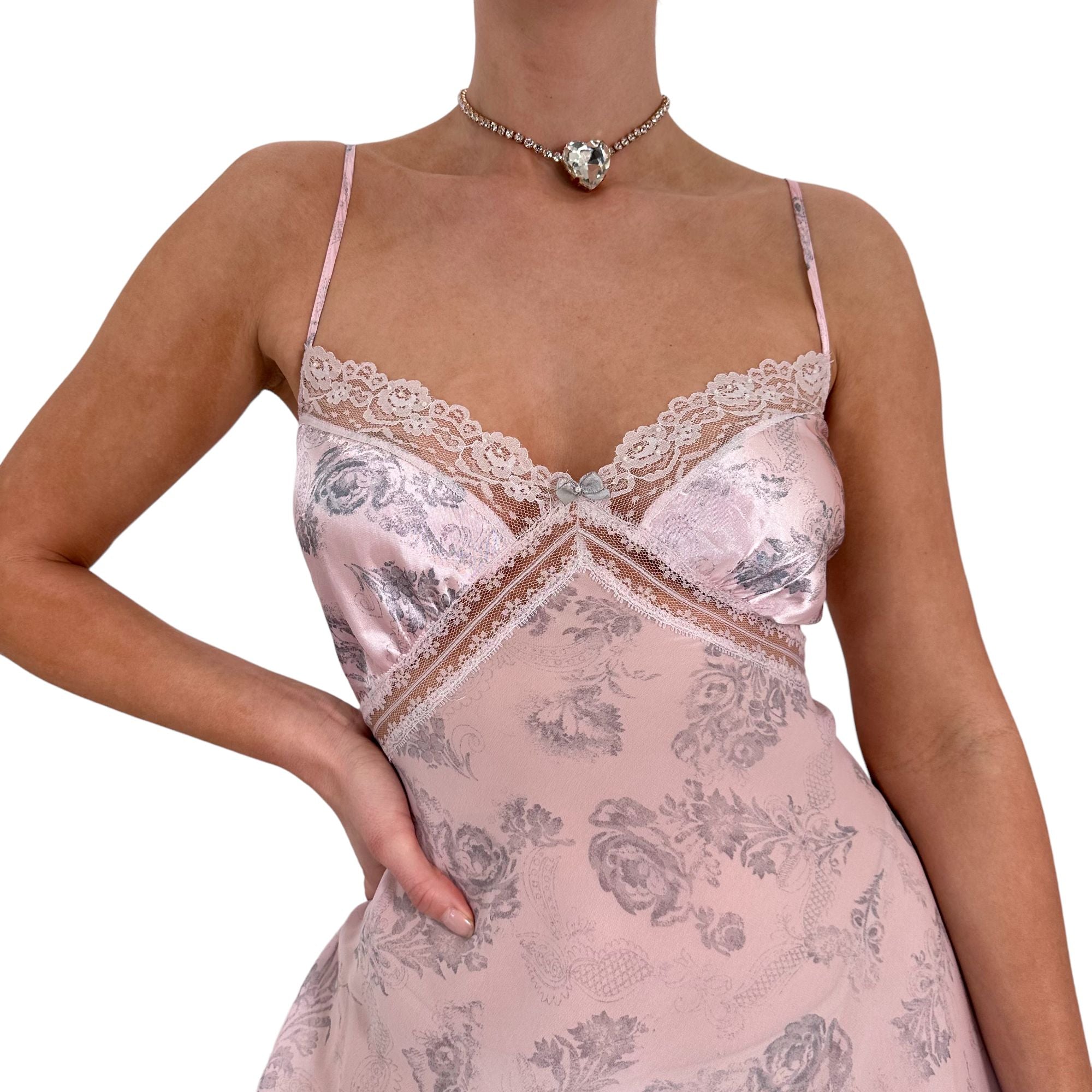 90s Vintage Pink Grey Floral Slip Dress [L, XL]
