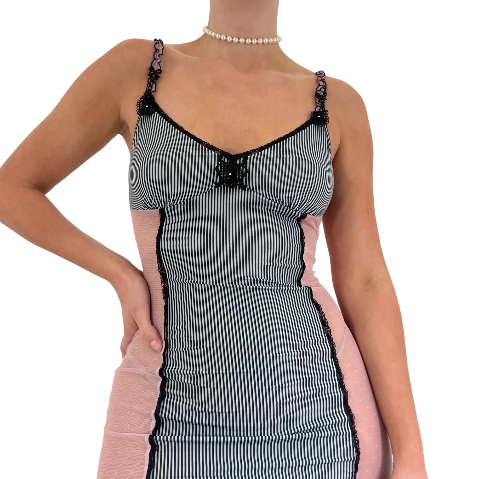 Y2k Vintage Black + Pink Pinstriped Slip Dress [S]