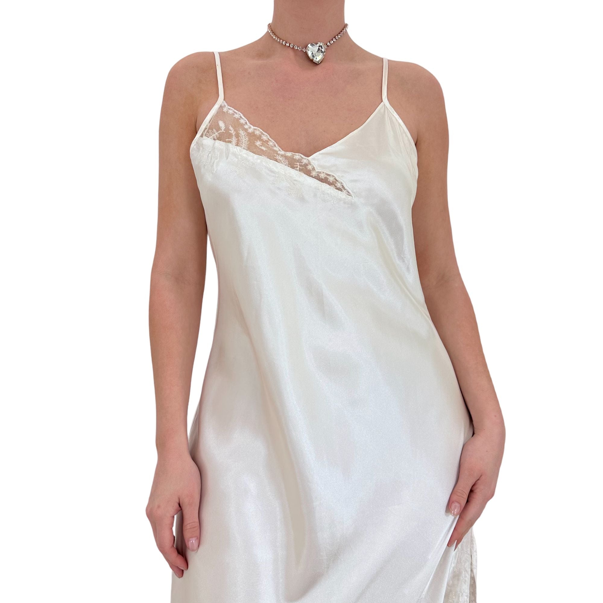 90s Vintage White Satin Maxi Slip Dress [M]