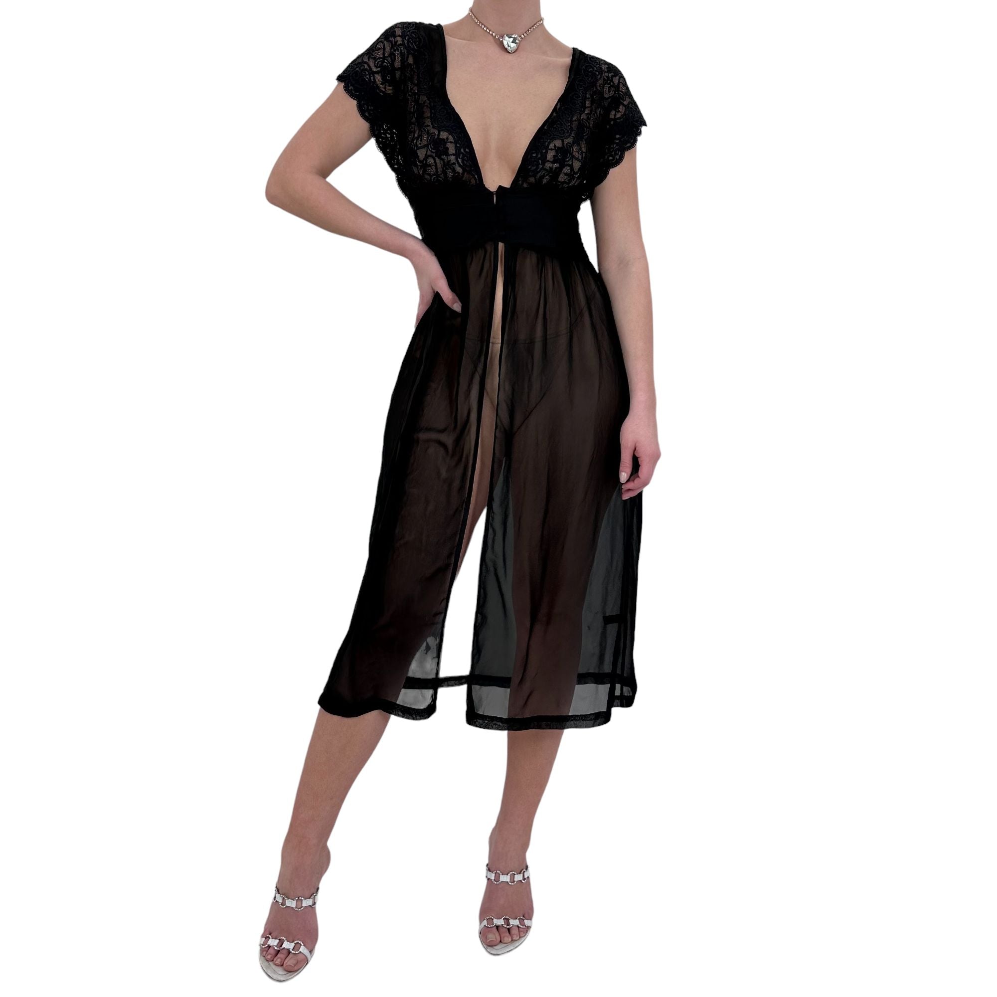 90s Vintage Black Sheer Slip Dress [M]