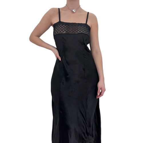 90s Vintage Black Satin Maxi Slip Dress [M]