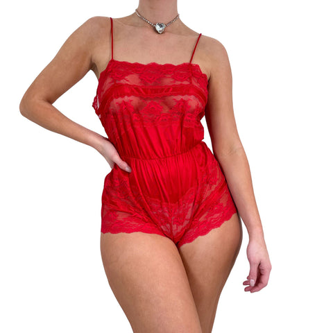 90s Vintage Red Satin Ruffle Lace Bodysuit [L]