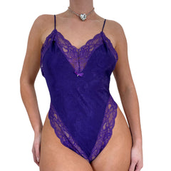90s Vintage Purple Satin Lace Bodysuit [M]