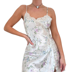 90s Vintage White Floral Satin Slip Dress [S]