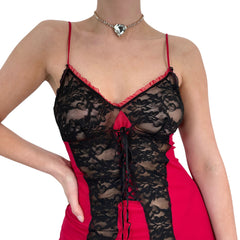 90s Vintage Red Black Lace Slip Dress [S, M]