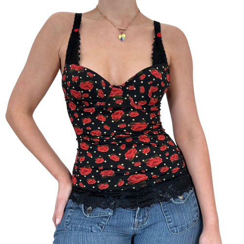 90s Rare Black Red Floral Bustier Top [S]