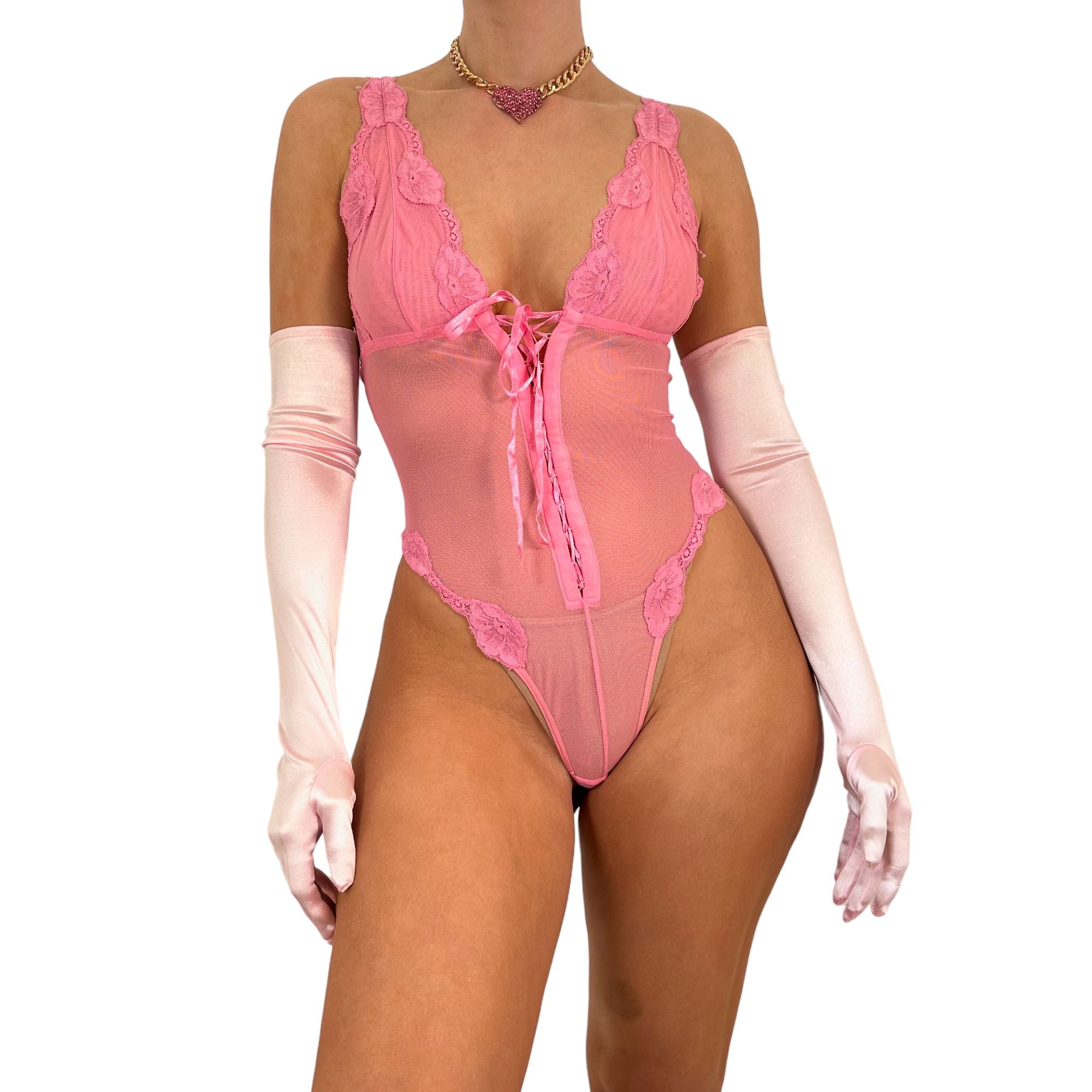 90s Vintage Pink Mesh Bodysuit [M]