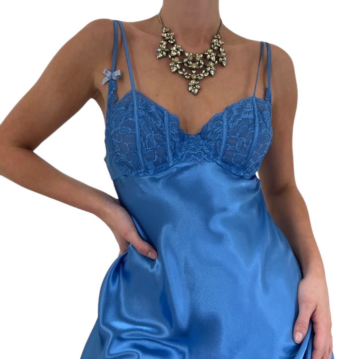 90s Vintage Blue Satin Slip Dress [M]