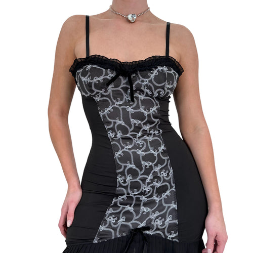 Y2k Vintage Black Grey Ribbon Print Slip Dress [S]