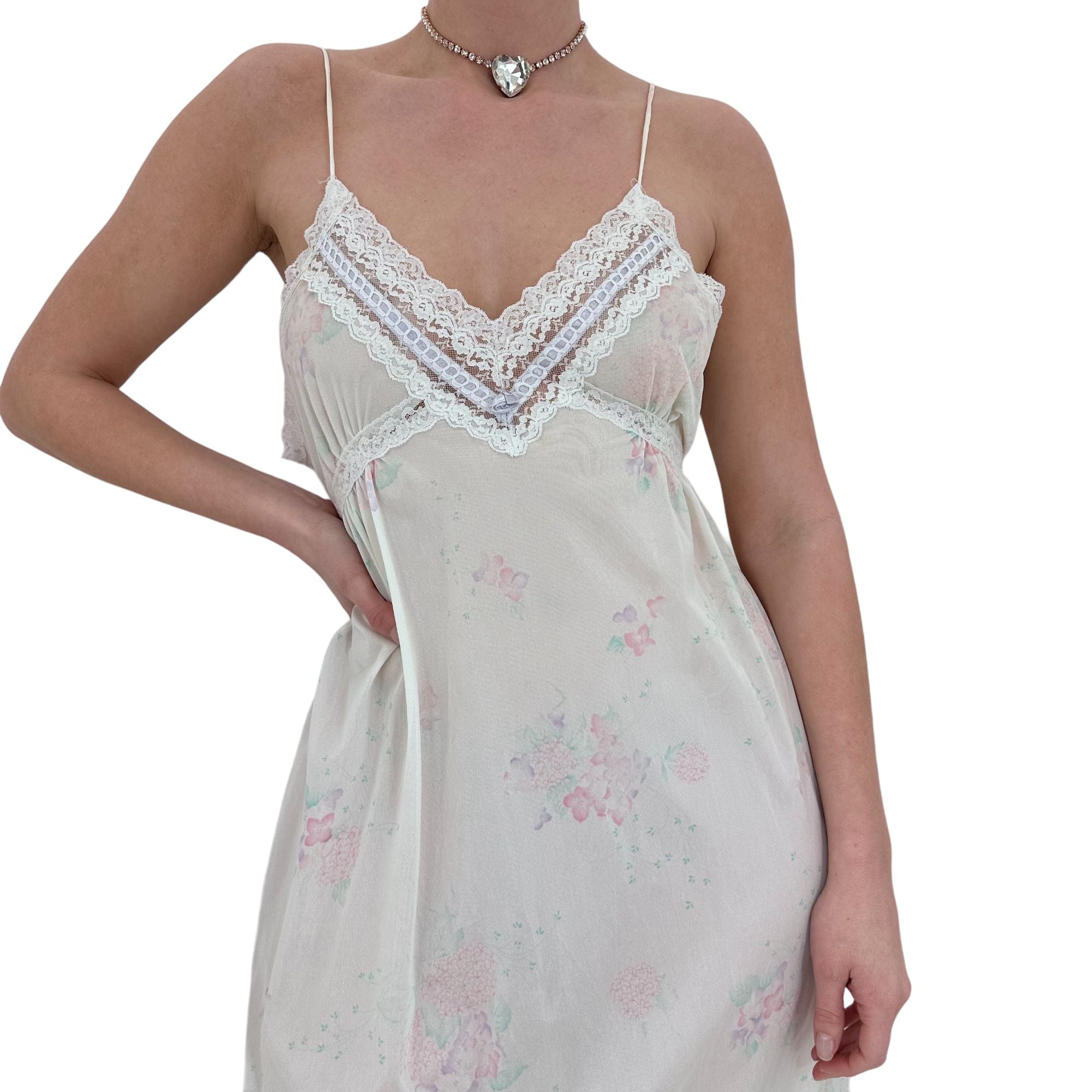 90s Vintage White Floral Maxi Slip Dress [L]